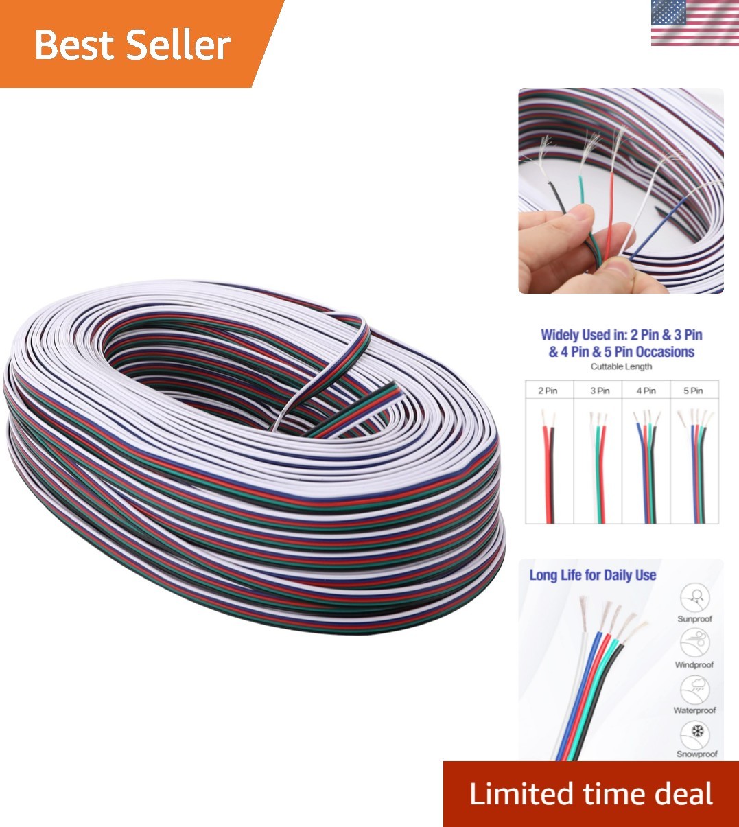 100M RGB Extension Wire Cable - 22AWG, Multi-Color for DIY LED Projects gallery