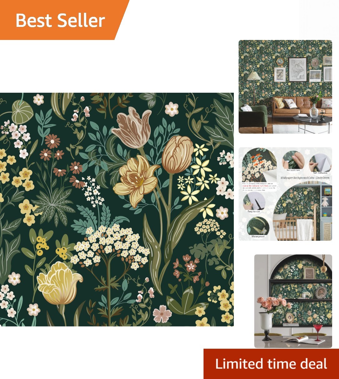 Versatile Dark Green Floral Contact Paper - Waterproof & Tear Resistant 78.7in gallery