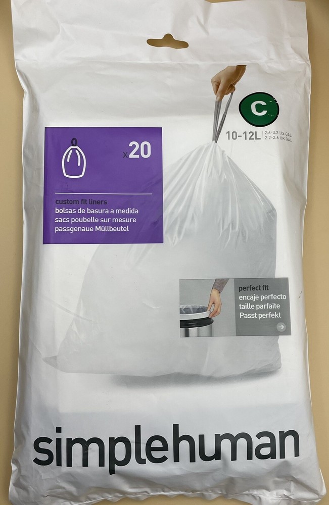 Simplehuman Custom Fit Trash Can Liner C, 10-12 Liters/2.6-3.2 Gallons White 20C