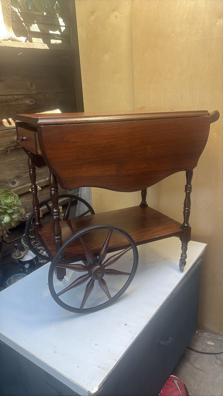 Colonial Wood Drop Leaf Bar Tea Serving Cart Wagon Wheels Drawer gallery