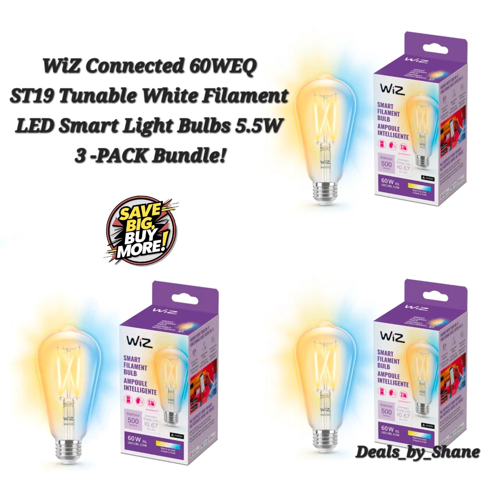 WiZ Connected 60W ST19 Tunable White Filament LED Smart Light Bulbs -3 PK gallery