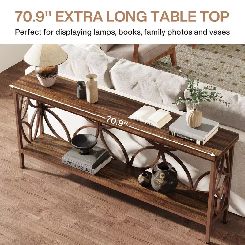 70.9 In. Walnut Cherry Brown Rectangle Engineered Wood Console Table with Storag gallery