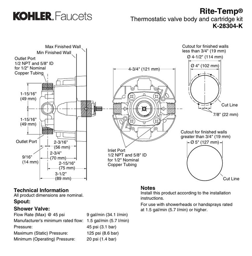 KOHLER K-28304-K-NA Rite-Temp Thermostatic Valve Body and Cartridge Kit gallery