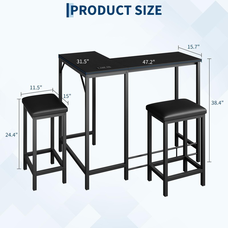Bar Table and Chairs Set 63'' L-Shaped Bar Table with 2 Stools, Built-in Outlets gallery