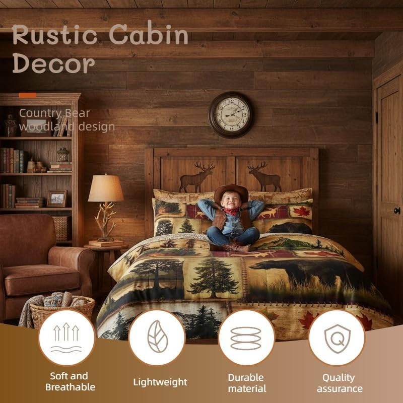 Rustic Farmhouse Bedding Comforter Sets King Size, Retro Cabin Lodge Bedding Set gallery
