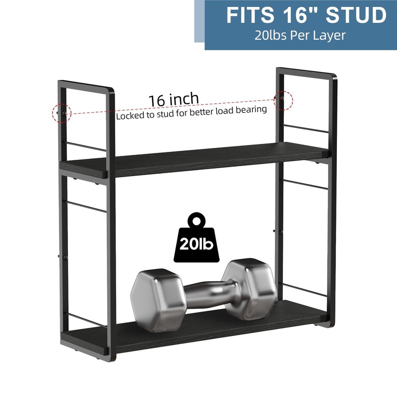 2Layer Floating Bookshelf 16 Inch Stud Wall Mount Hanging Shelf Black gallery