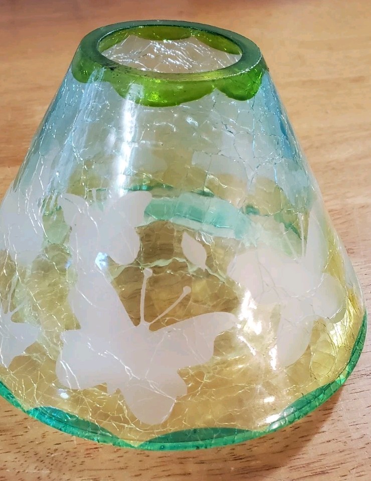 Yankee Candle Jar Shade Topper - Green Aqua Blue Crackle Glass Butterfly Pattern gallery