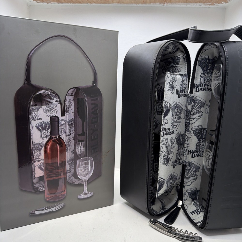Harley-Davidson Repeat Engine Pattern Wine Bottle Hard-Sided Case Tote Set