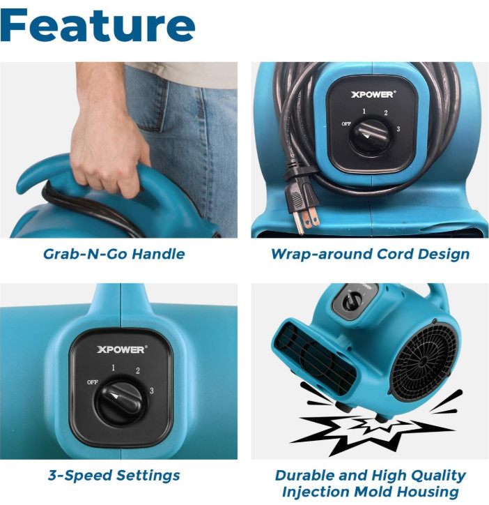 P-80 Mini Air Mover Fan, 600 CFM, Drying, Cooling, Ventilating, Stackable, Home gallery
