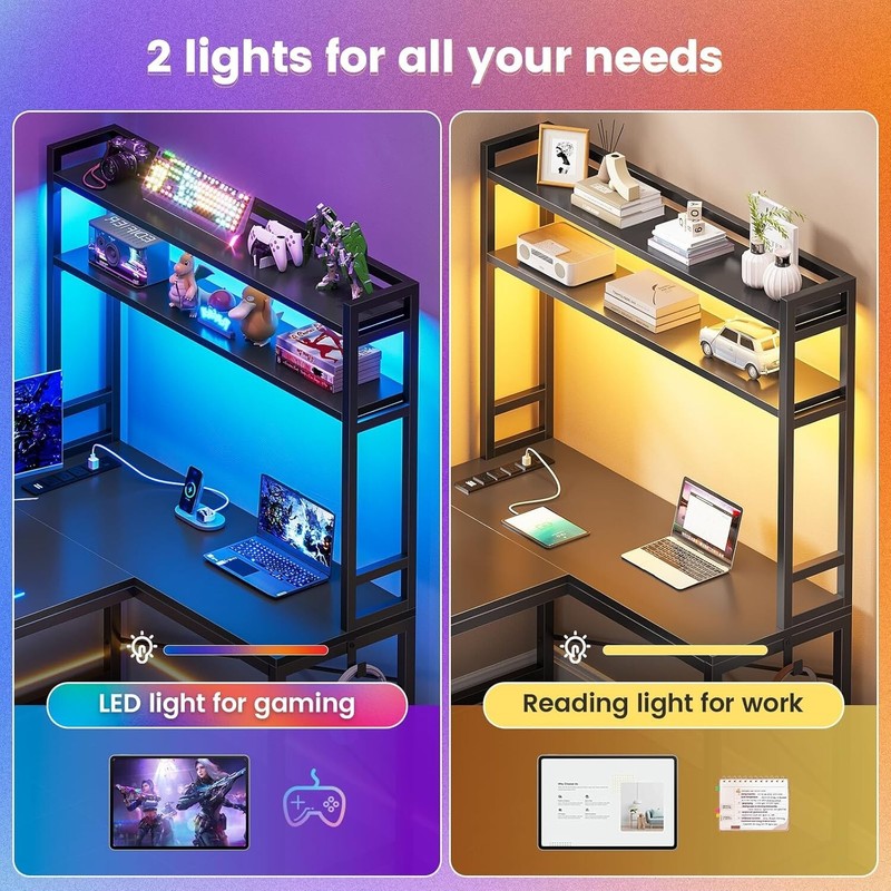 L Shaped Computer Desk, Small Corner Desk with LED Lights and Storage Shelves gallery