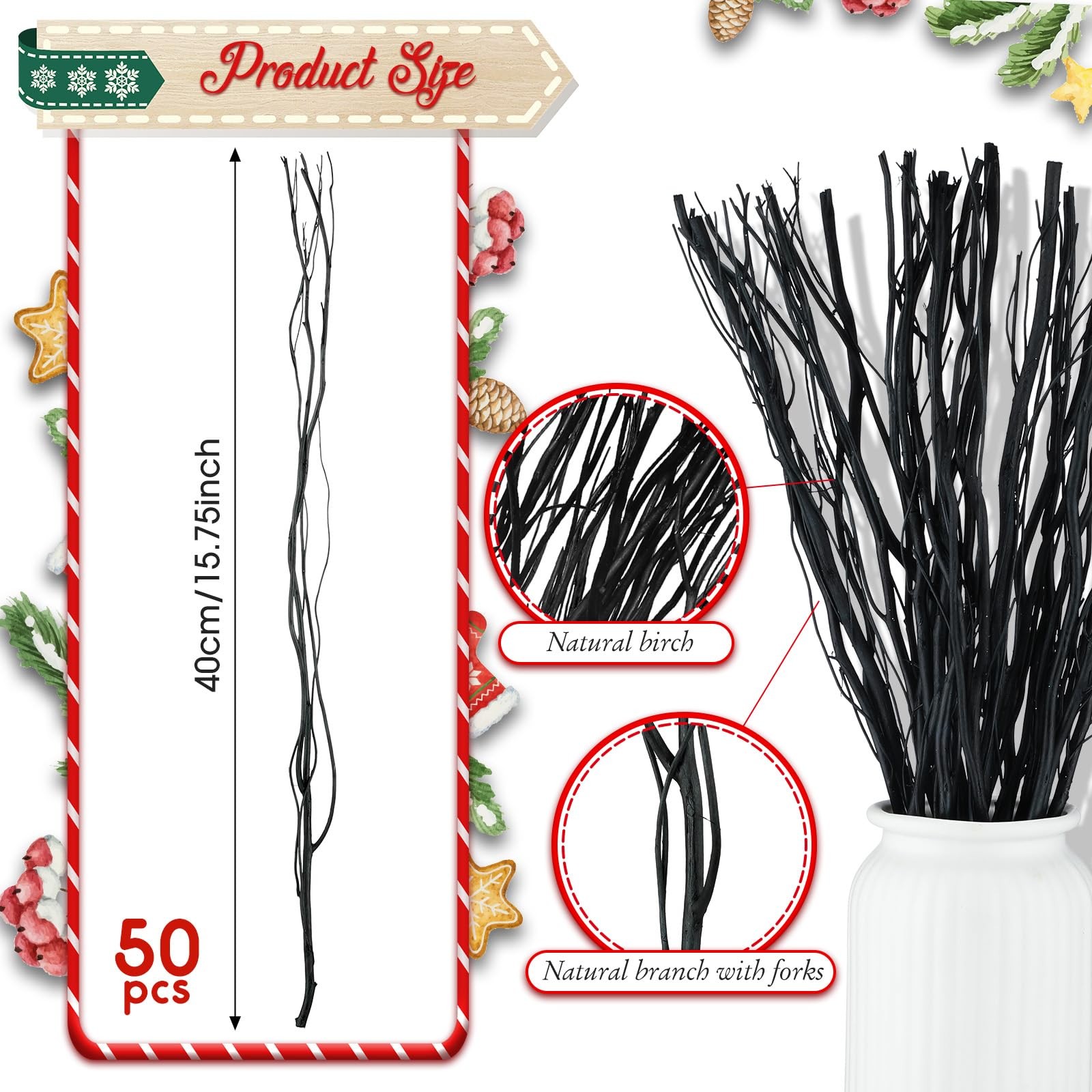 50 Pcs 15.75 Inch Black Curly Willow Branches, Dried Twigs, Vase Filler, DIY gallery