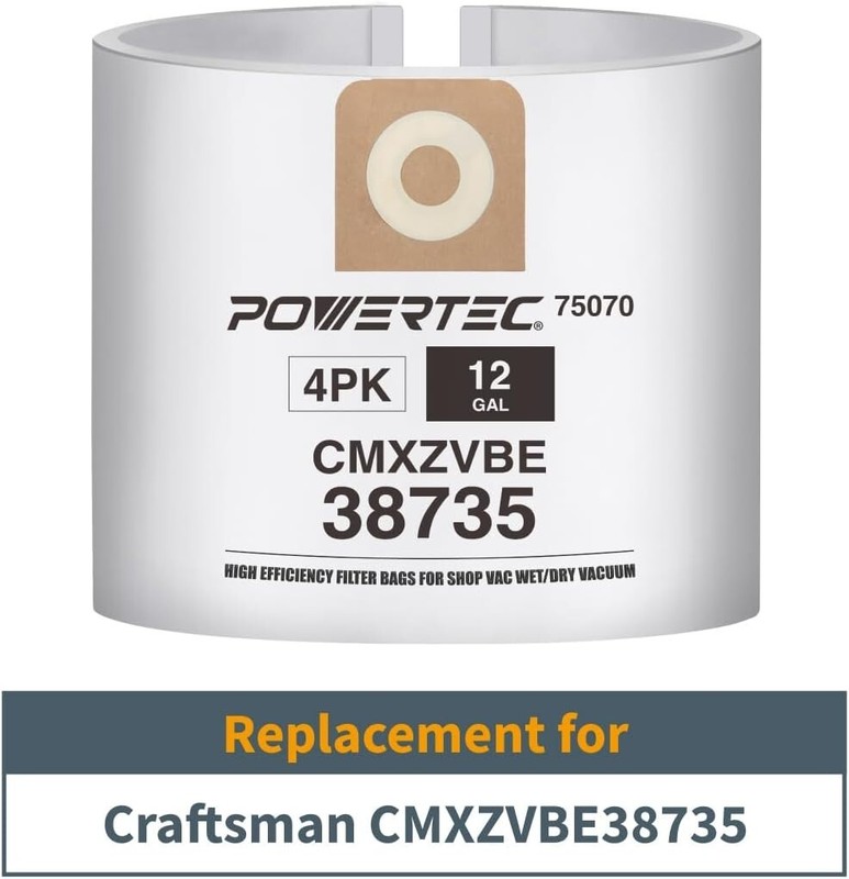 POWERTEC Filter Bags Replacement for CMXZVBE38735 Fine Dust Wet/Dry Vac, 4 PK gallery