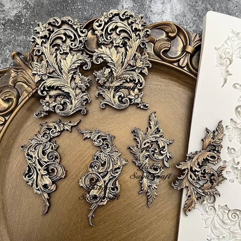 Baroque Scroll Border Relief Silicone Epoxy Resin Plaster Mould Leaf Cake Mold gallery