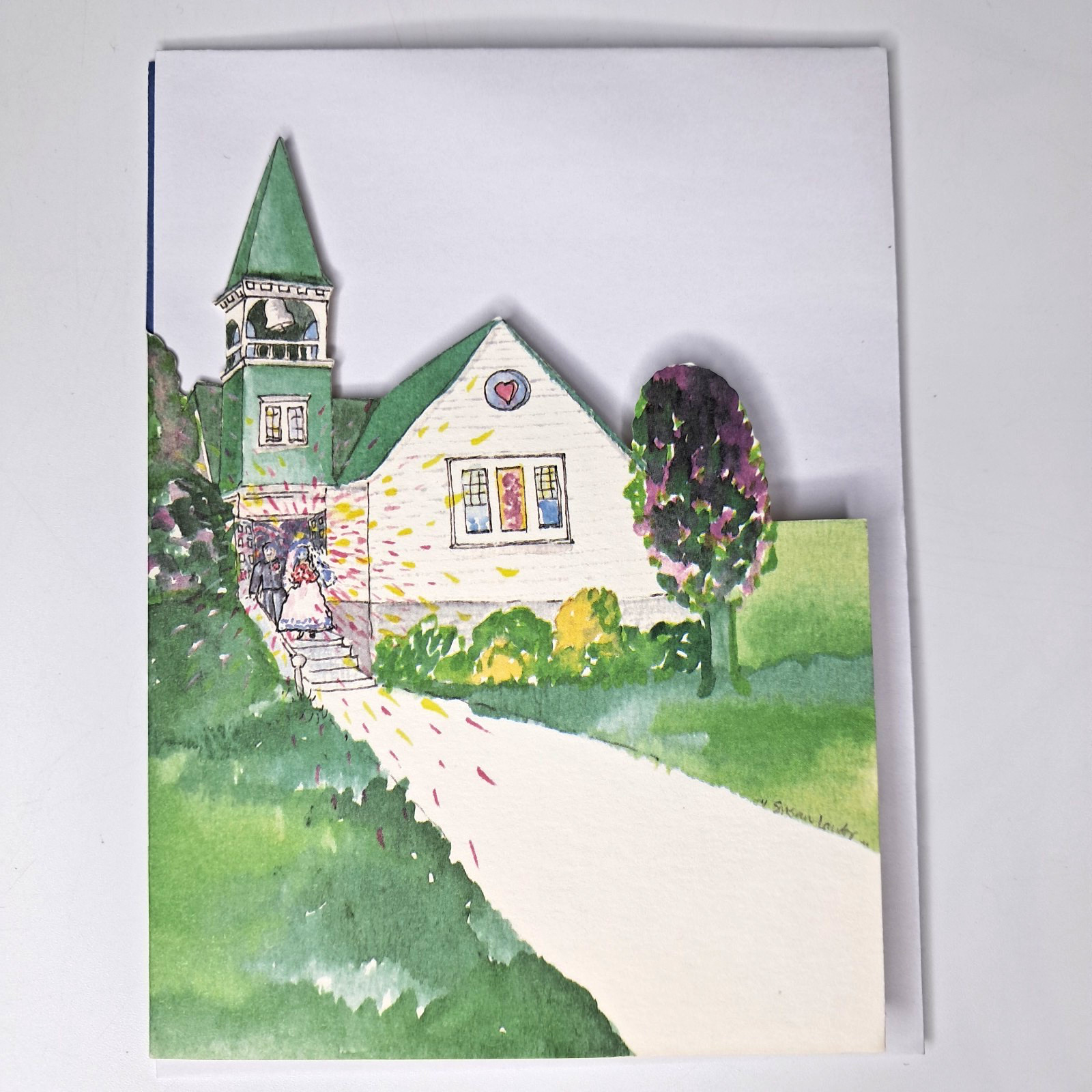 Wedding Congratulations Folded Card Envelope Windows Church 7 x 5 In Blue Green gallery