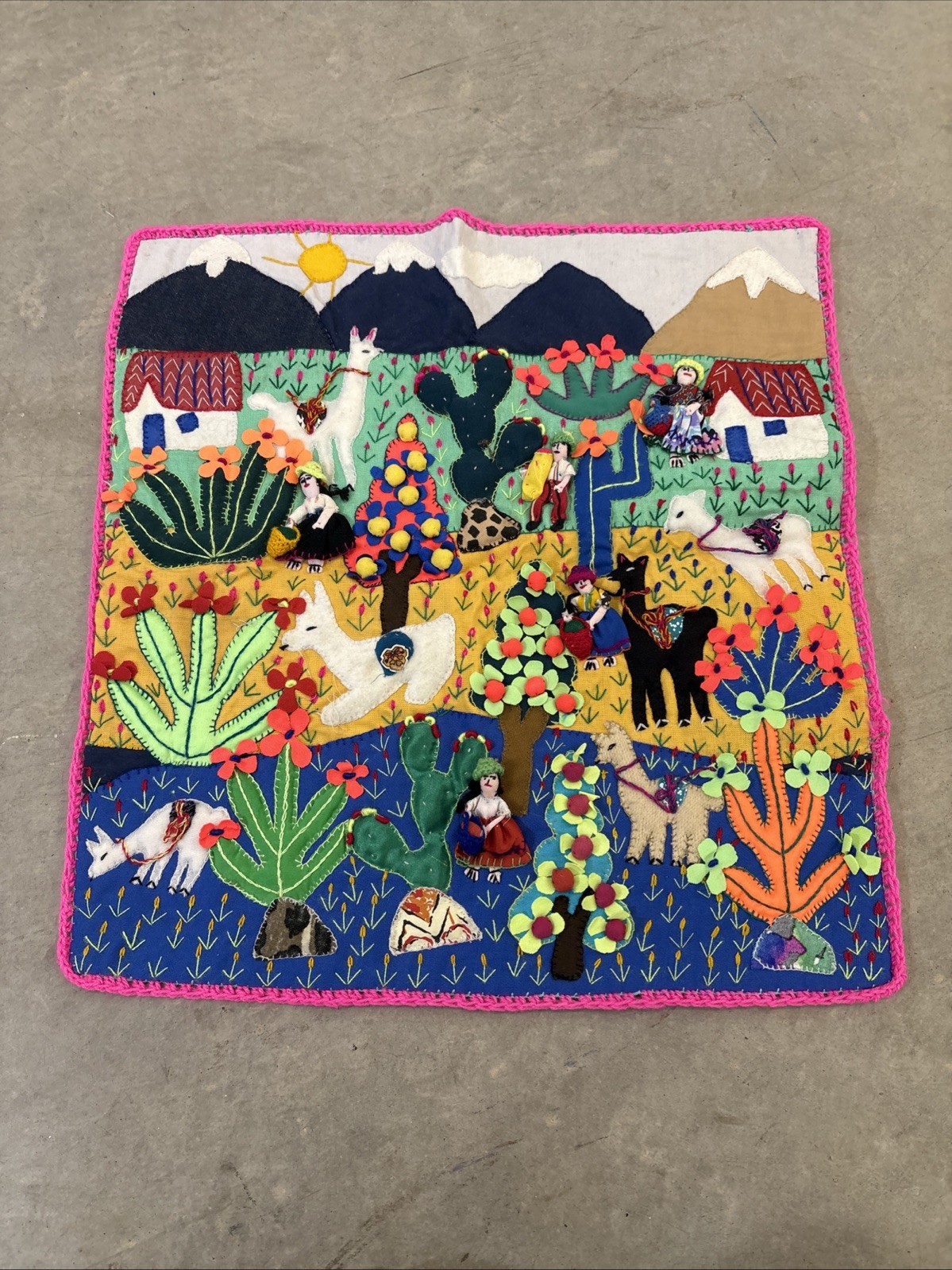 Handmade Peruvian Arpillera 3D Applique Wall Hanging 18x19 Andean Village Scene gallery