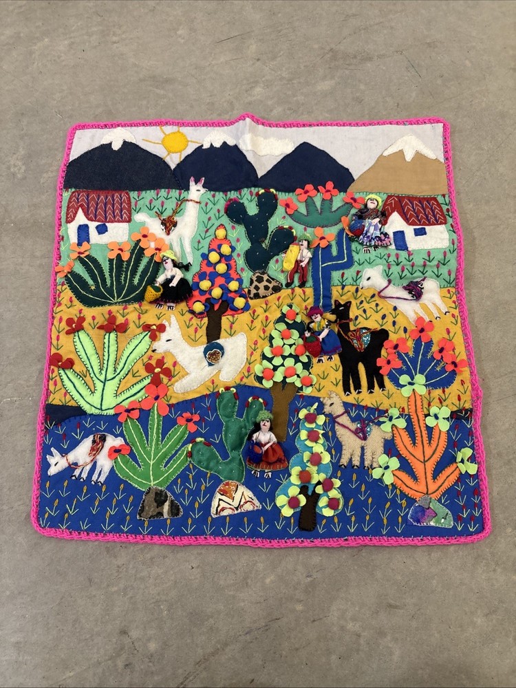 Handmade Peruvian Arpillera 3D Applique Wall Hanging 18x19 Andean Village Scene