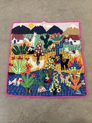 Handmade Peruvian Arpillera 3D Applique Wall Hanging 18×19 Andean Village Scene