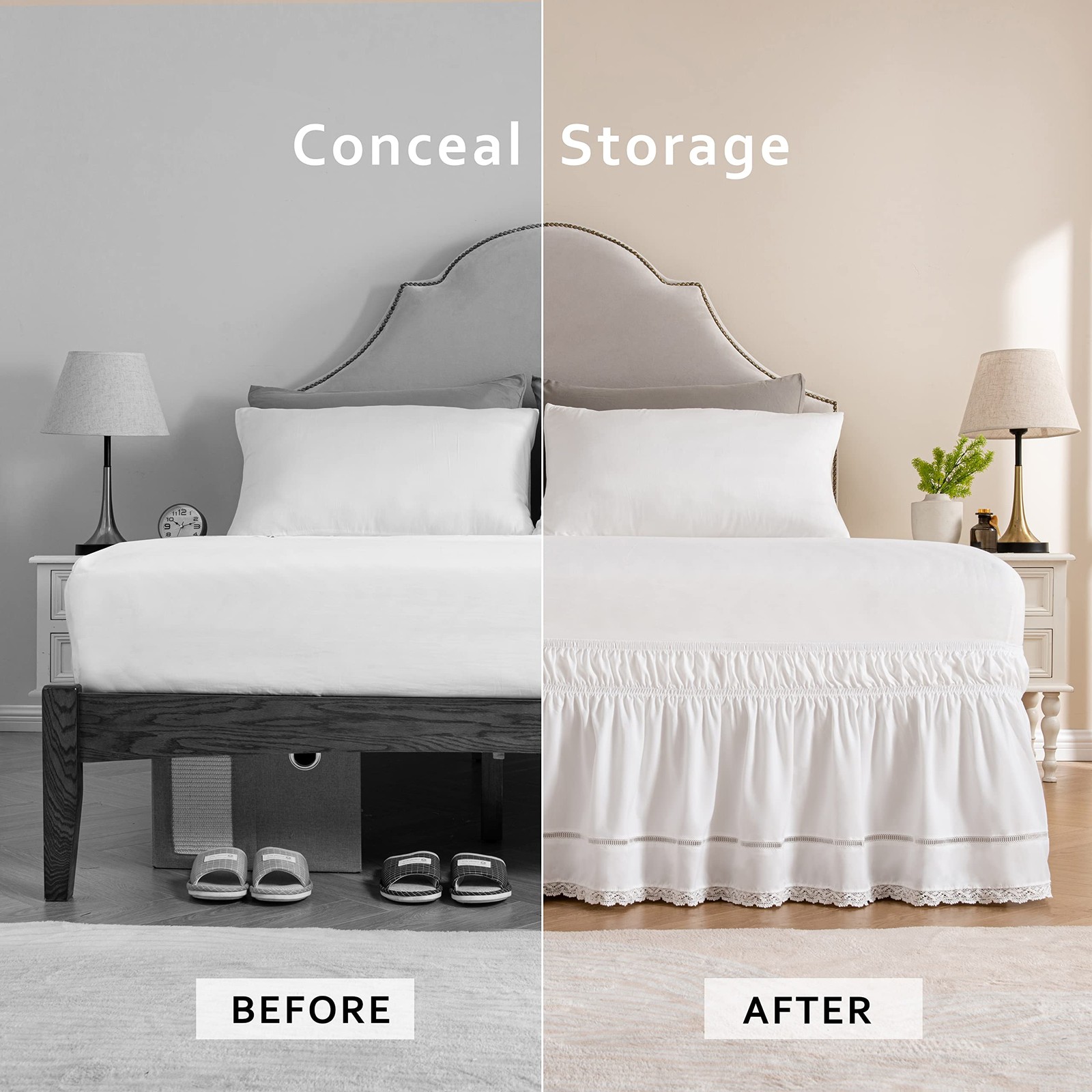 Wrap Around Ruffled Lace Bed Skirt Elastic Dust Ruffle with Adjustable Belts15 gallery