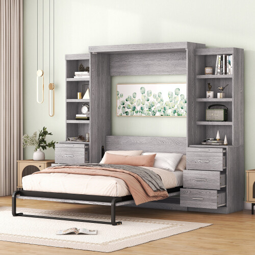 Murphy Wall Bed with Storage Drawer & Bookshelves Cabinet Bed Twin Full Size Bed gallery
