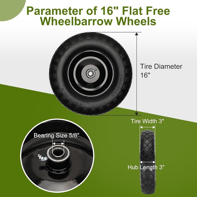 Durable 16" Solid Wheelbarrow Tires - 5/8" & 3/4" Bearings gallery