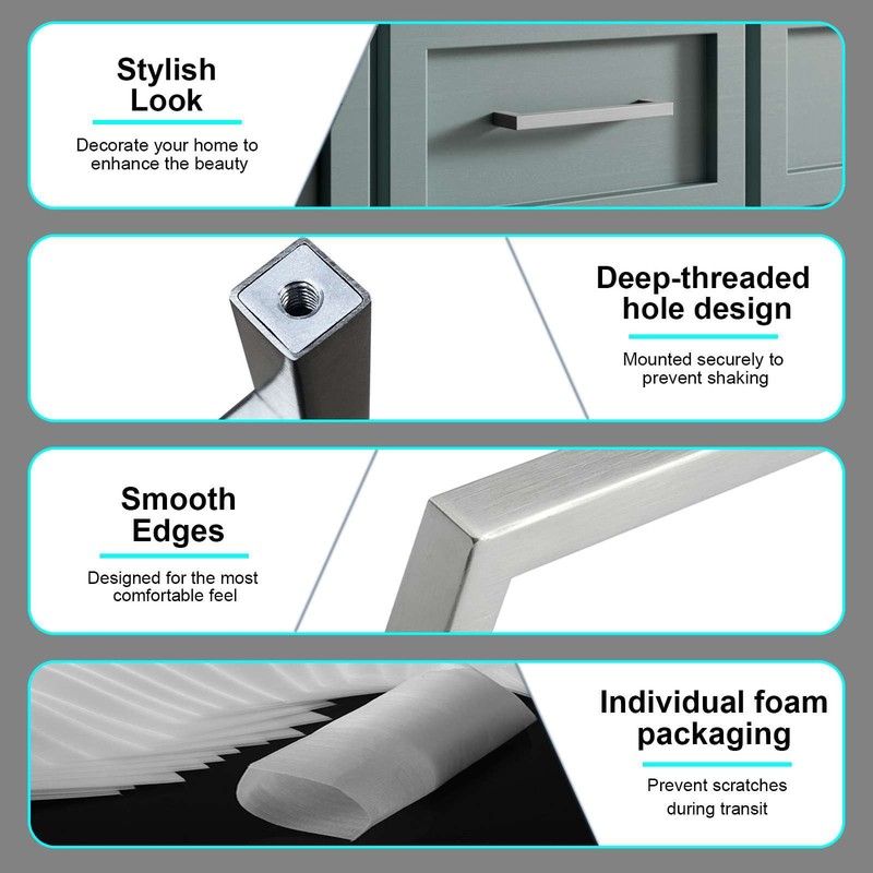 Brushed Nickel Square Kitchen Cabinet Drawer Handles Bar Pulls Stainless Steel gallery