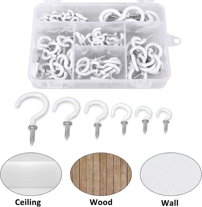 90 Pcs White Ceiling Hooks Kit 6 Sizes Vinyl Coated Screw-In Plant KitchenCup gallery