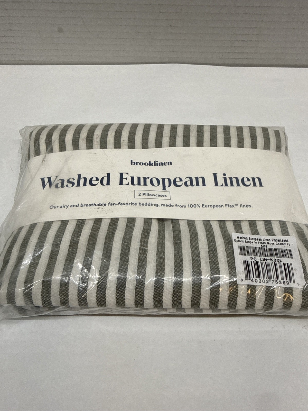 Brooklinen Washed European Linen Pillowcases Oxford Stripe Moss Chambray King gallery