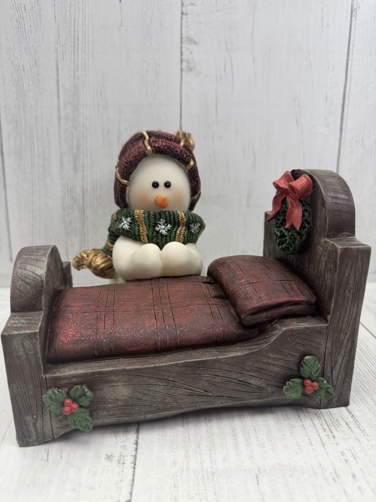 characters Snowman Figurine Rustic Bed Red Plaid Hat Green Scarf Holiday Decor gallery