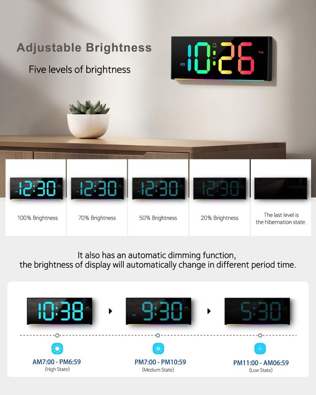 Large 12" Digital Wall Clock with Remote, RGB Color Changing, DST, Night Light f gallery