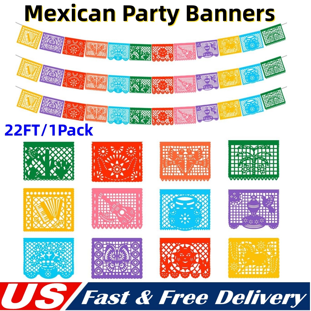 3/6Pack Mexican Banner Plastic Papel Picado Banner Large Fiesta Party Decor 22FT gallery