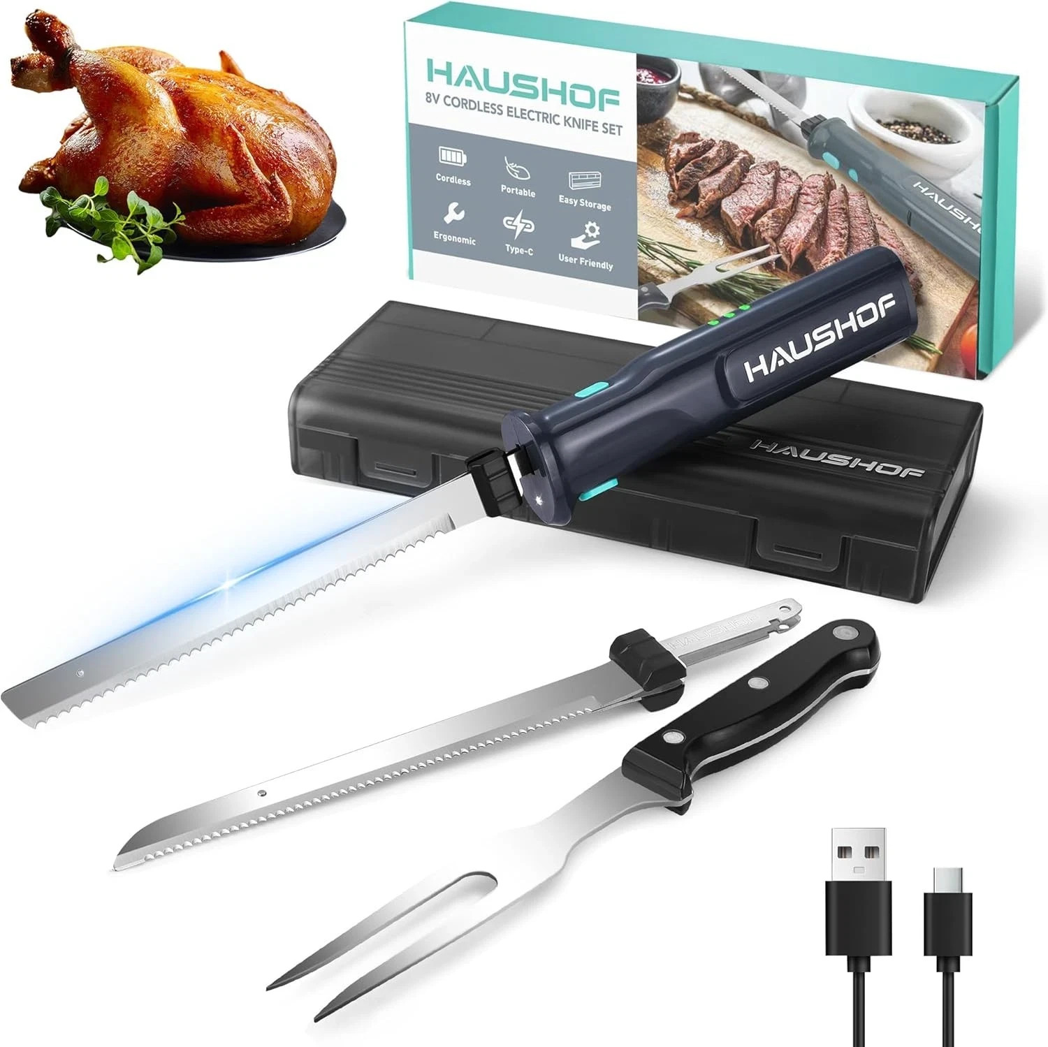 HAUSHOF Cordless Electric Knife Set for Meat Slicing 8V Electric Carving Knife gallery