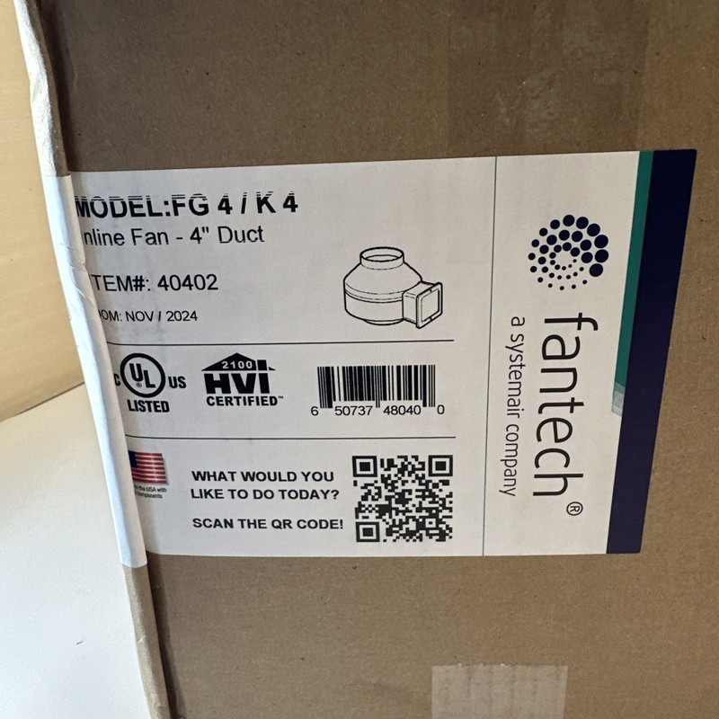 Fantech FG-4 4in Multi-Purpose Centrifugal In Line Duct Fan 120V 100CFM 25 Watt gallery