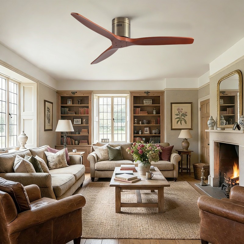 52" Solid Wood Flush Mount Ceiling Fan, Bronze, Reversible DC Motor gallery