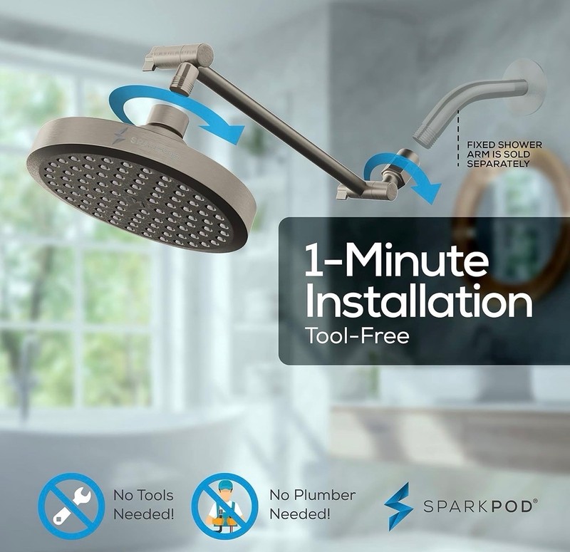 SparkPod Round Rain ShowerHead w Extension Arm - Height Adjustable High Pressure gallery