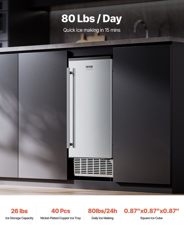 80lb/Day Stainless Ice Maker w/ Reversible Door 26lb Storage gallery