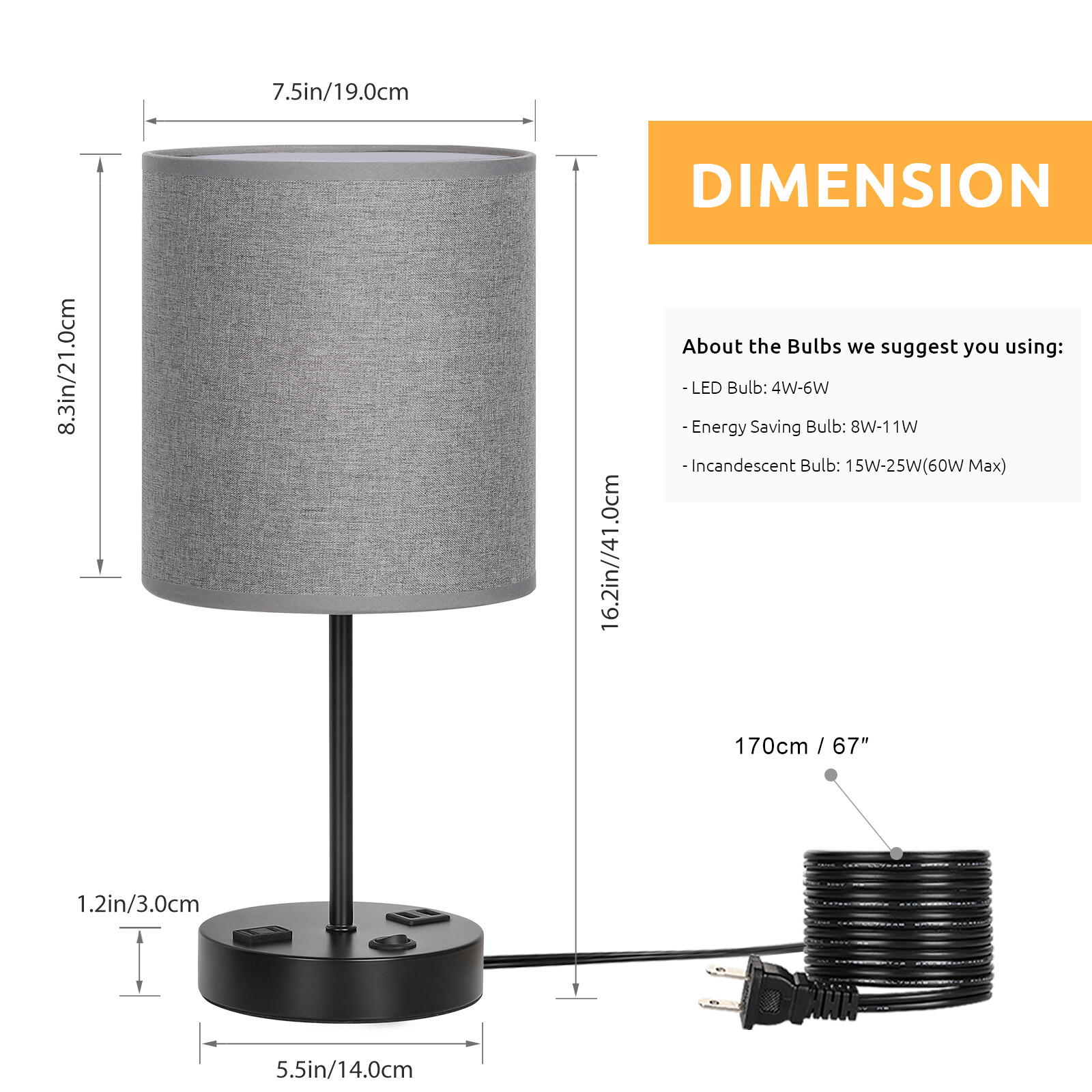 USB Table Lamp, Bedside Lamps with 2 USB Charging Ports, Grey Lampshade gallery