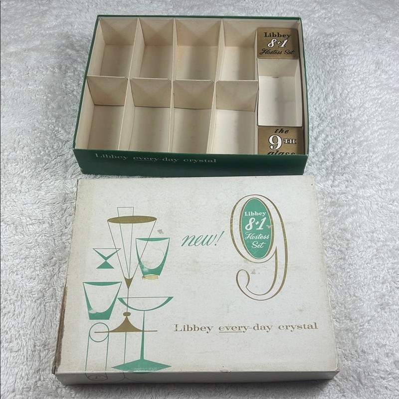Vintage MCM Libbey Hostess Set 9 glasses Patriotic eagle with original box gallery