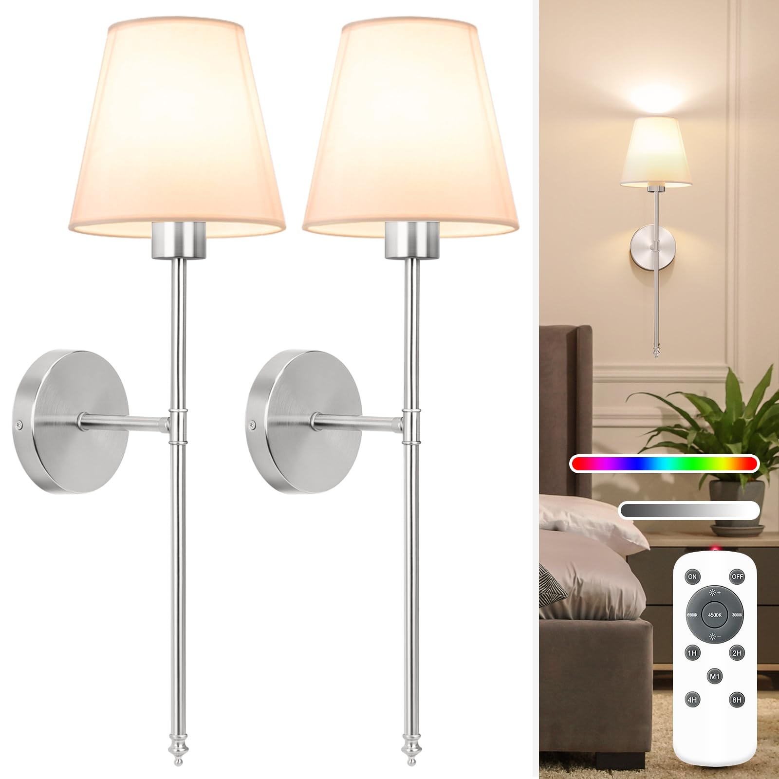 Niorsun Battery Operated Wall Sconce Set Of 2Brushed Nickel Rechargeable Wall gallery