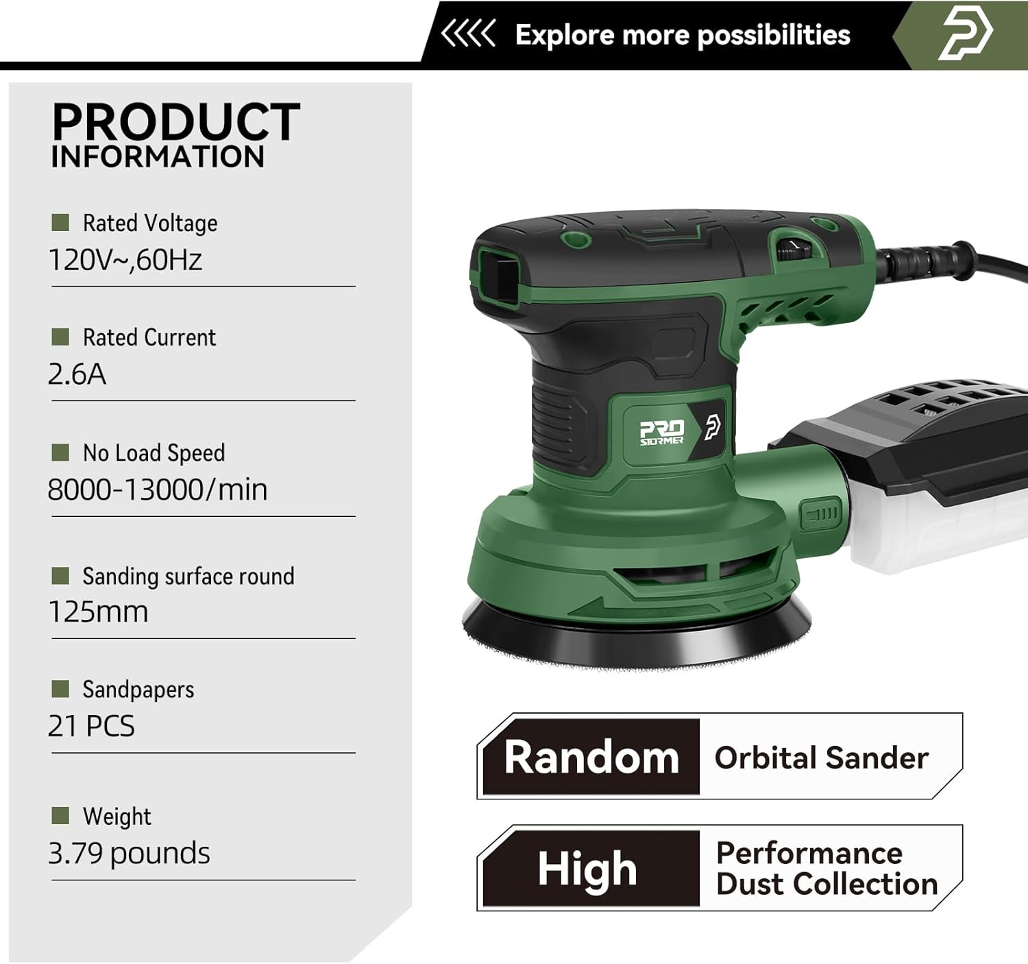 5-Inch Random Orbital Sander with 21PCS Sandpapers, 8000-13000RPM, 2.6AMP Palm S gallery