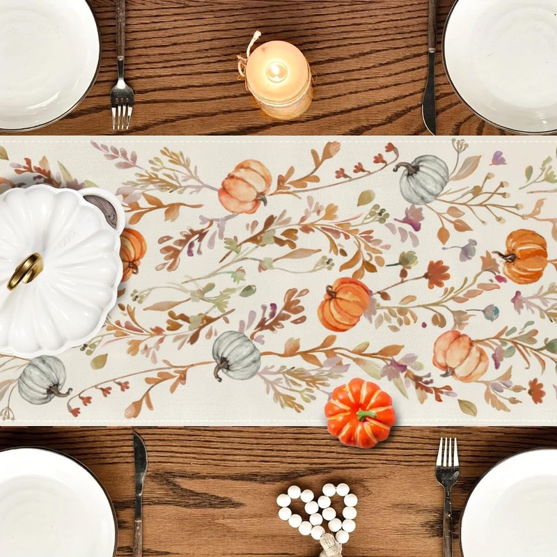 Orange Pumpkins Floral Fall Table Runner Autumn Thanksgiving Decor 13x48 Inch gallery