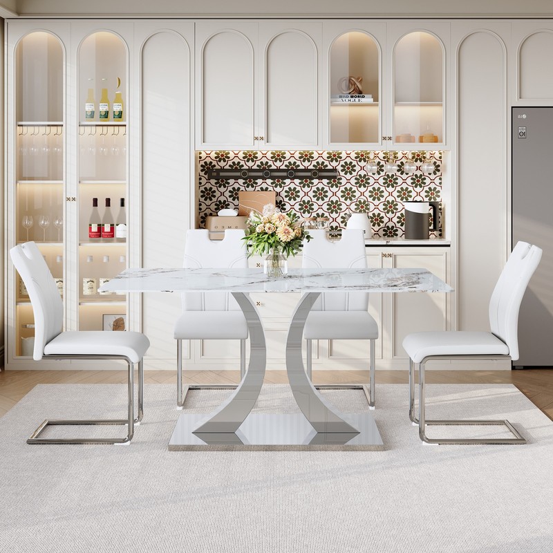 63-inch Dining Table Set with 4 Upholstered Chairs, White Glass Top gallery