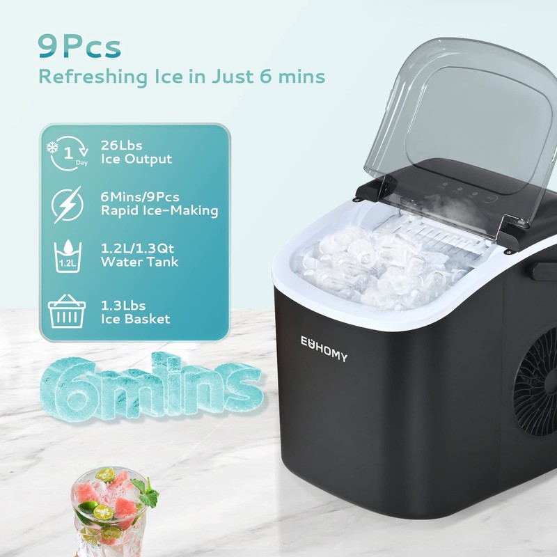 EUHOMY Countertop Ice Maker Machine with Handle 26lbs in 24Hrs 9 Ice Cubes Re... gallery