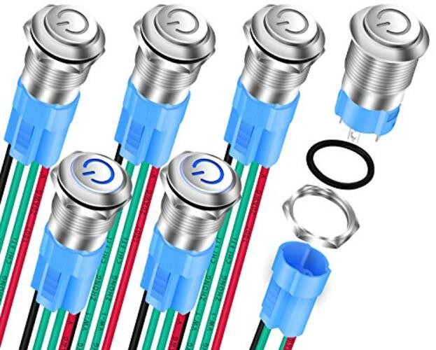 12mm Latching Push Button Switch 12V LED Blue Waterproof ON Off Silver gallery