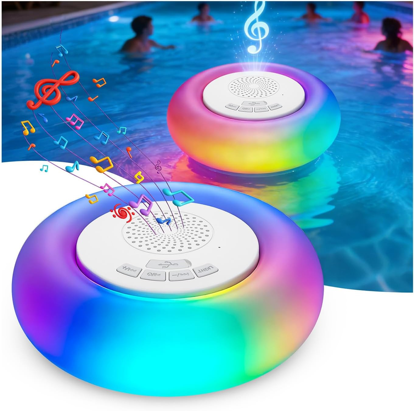 2 Pack Floating Pool Lights with Bluetooth Pool Speaker, 2-In-1 RGB Pool Lights, gallery
