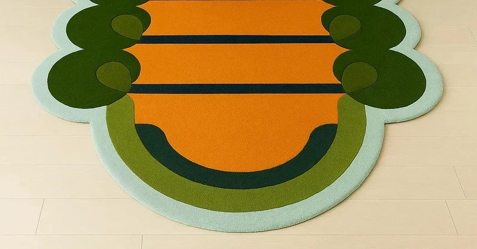 Handmade Tufted Wool Rug: Retro Orange Green Abstract Oval gallery