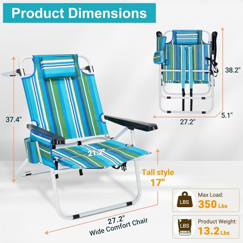 NAIZEA Beach Chairs Backpack 5-Position Tanning Chair with Cooler Bag Cup Holder gallery