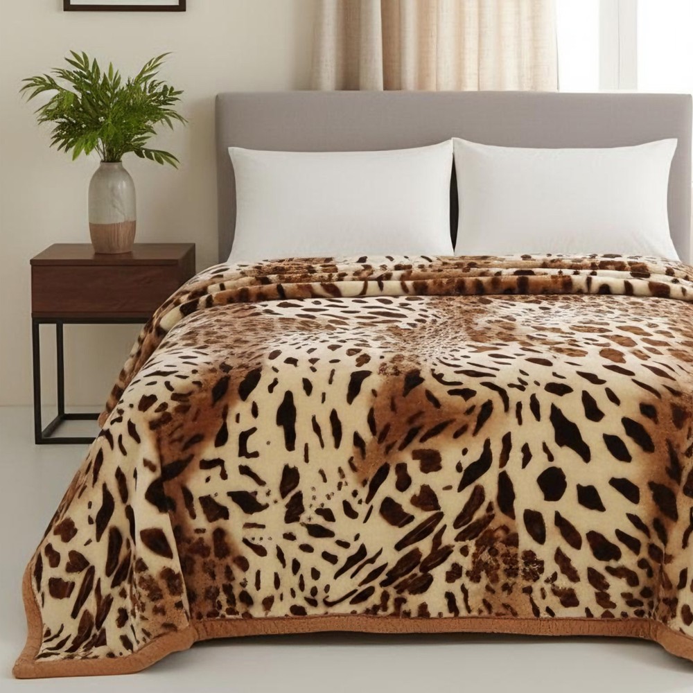 2 Ply Reversible Raschel Blanket Fluffy Warm Bed Blanket Leopard Floral Printed