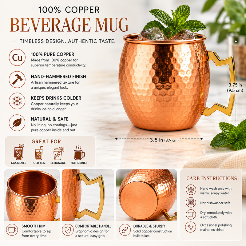 100% Handmade 16oz Solid Copper Mule Mug – Barrel Shaped Mug with Brass Handle gallery