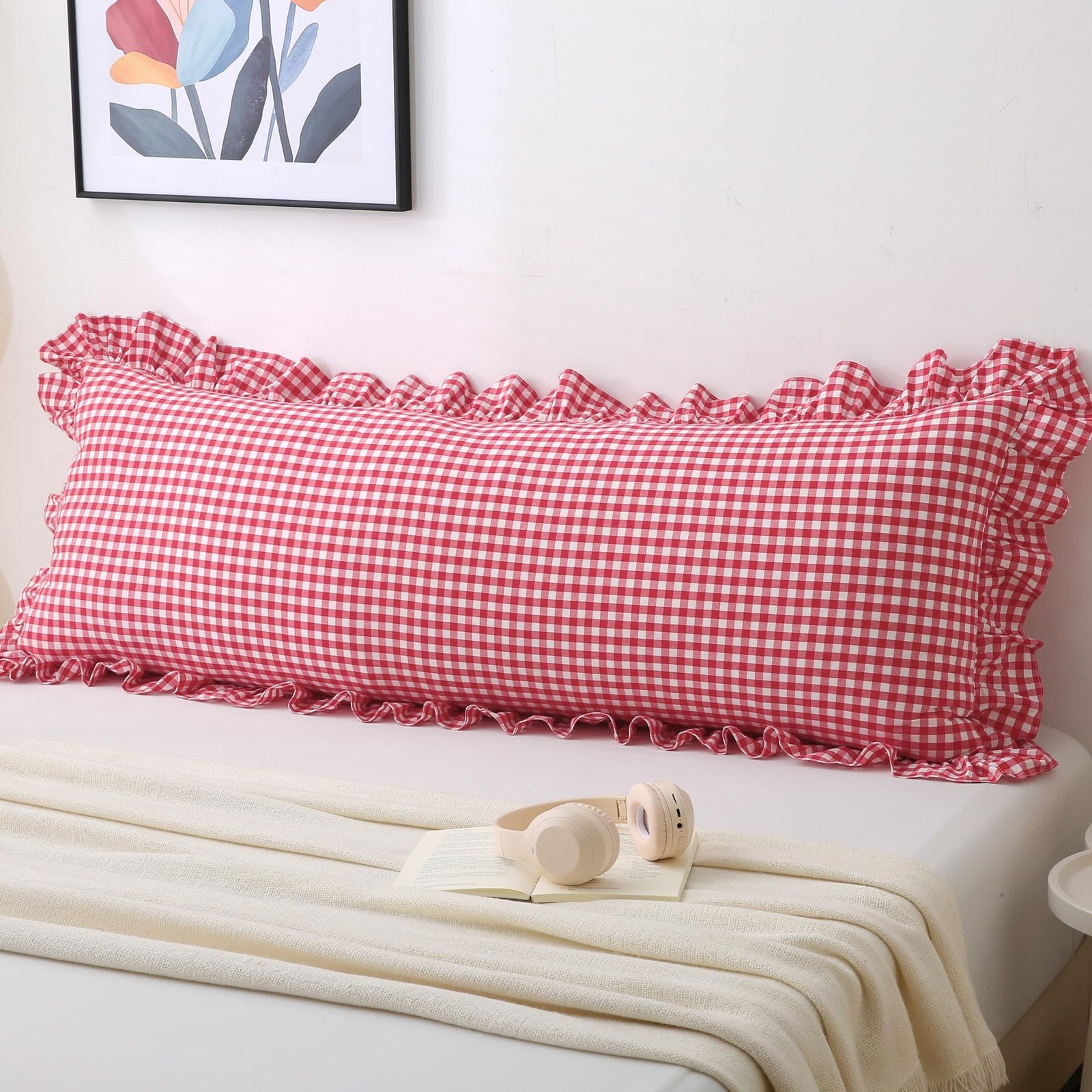 20x54 Inch Red/White Gingham Ruffled Body Pillow Cover, 1 Pack gallery