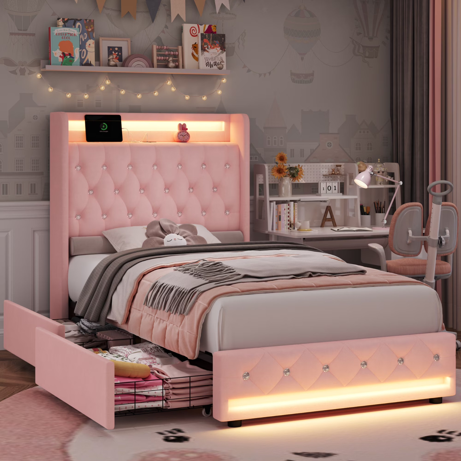 Twin Size Bed Frame Velvet Pink LED Toddler Kid Girl Bedroom Cama Para Niña gallery